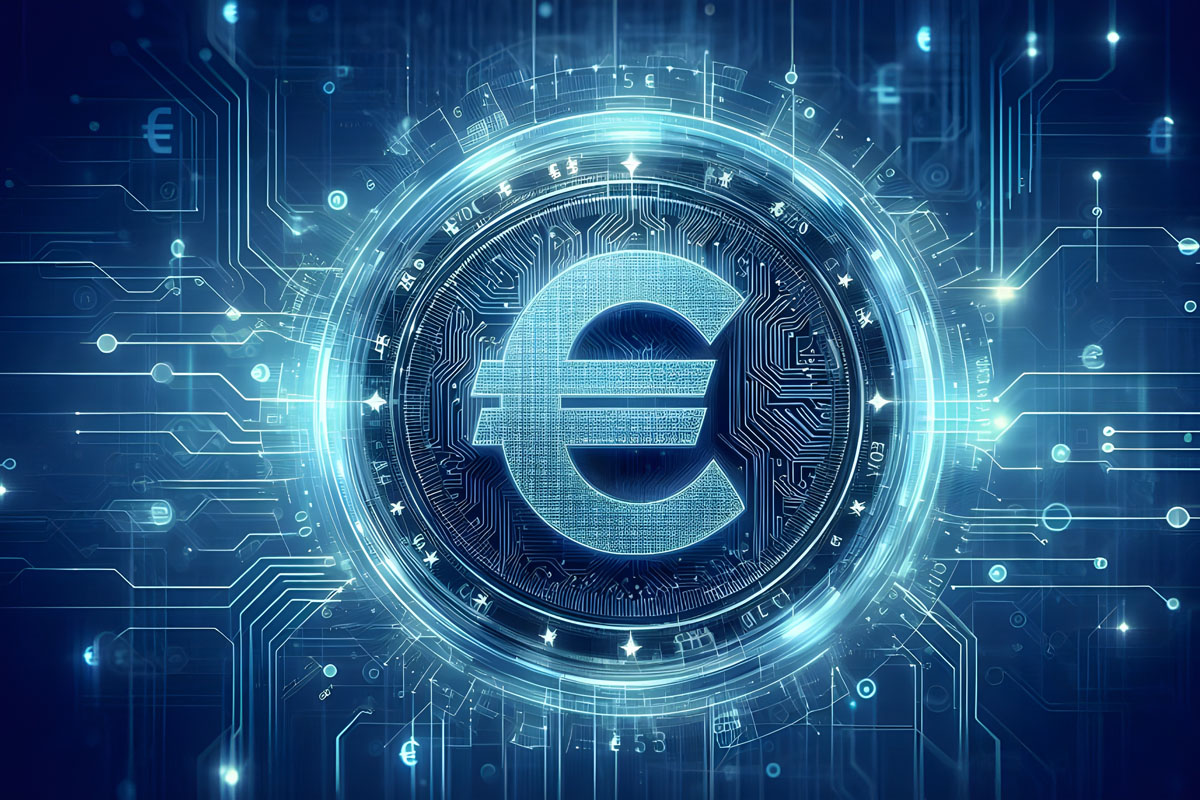 Creative digital circular euro hologram with circuit lines on bl